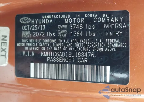 2014 Hyundai Veloster Base W/Black из США, поврежденный, VIN KMHTC6AD1EU183476